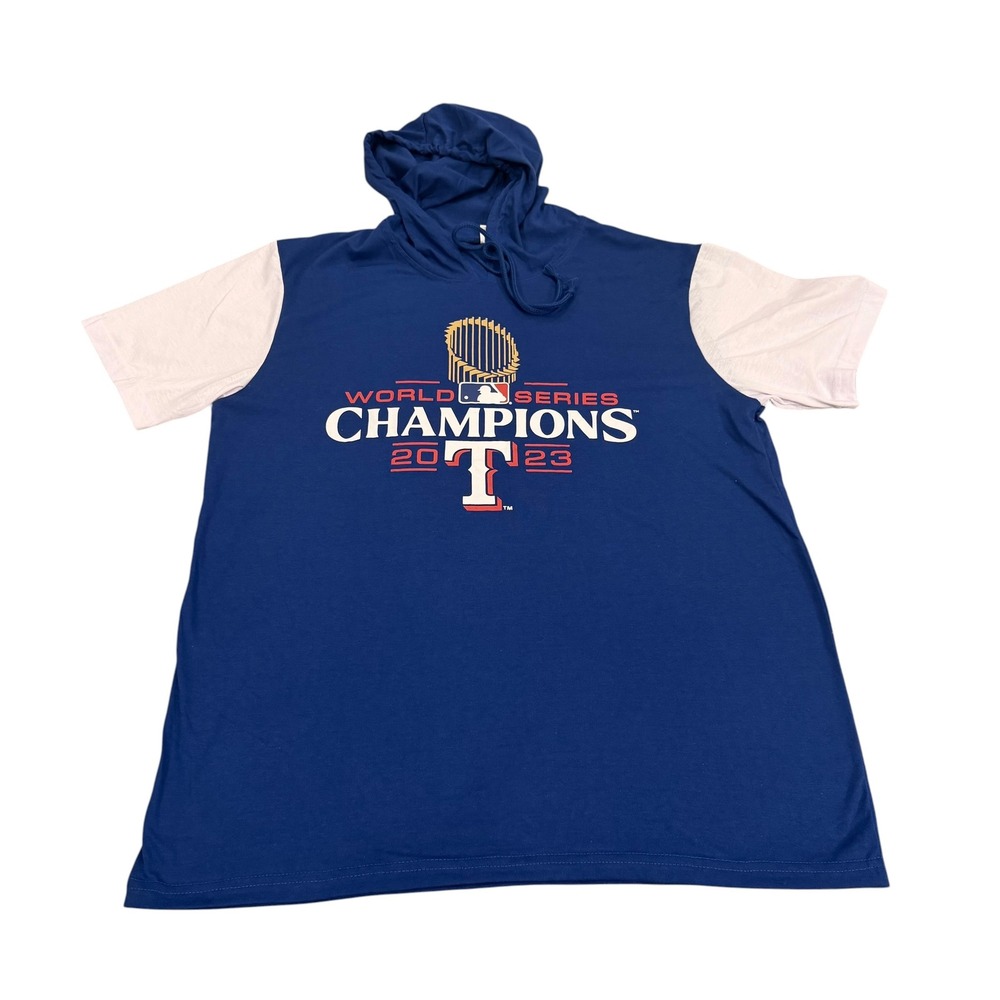 Texas Rangers 2023 World Series Champions Hooded T-Shirt Mens Large Blue White